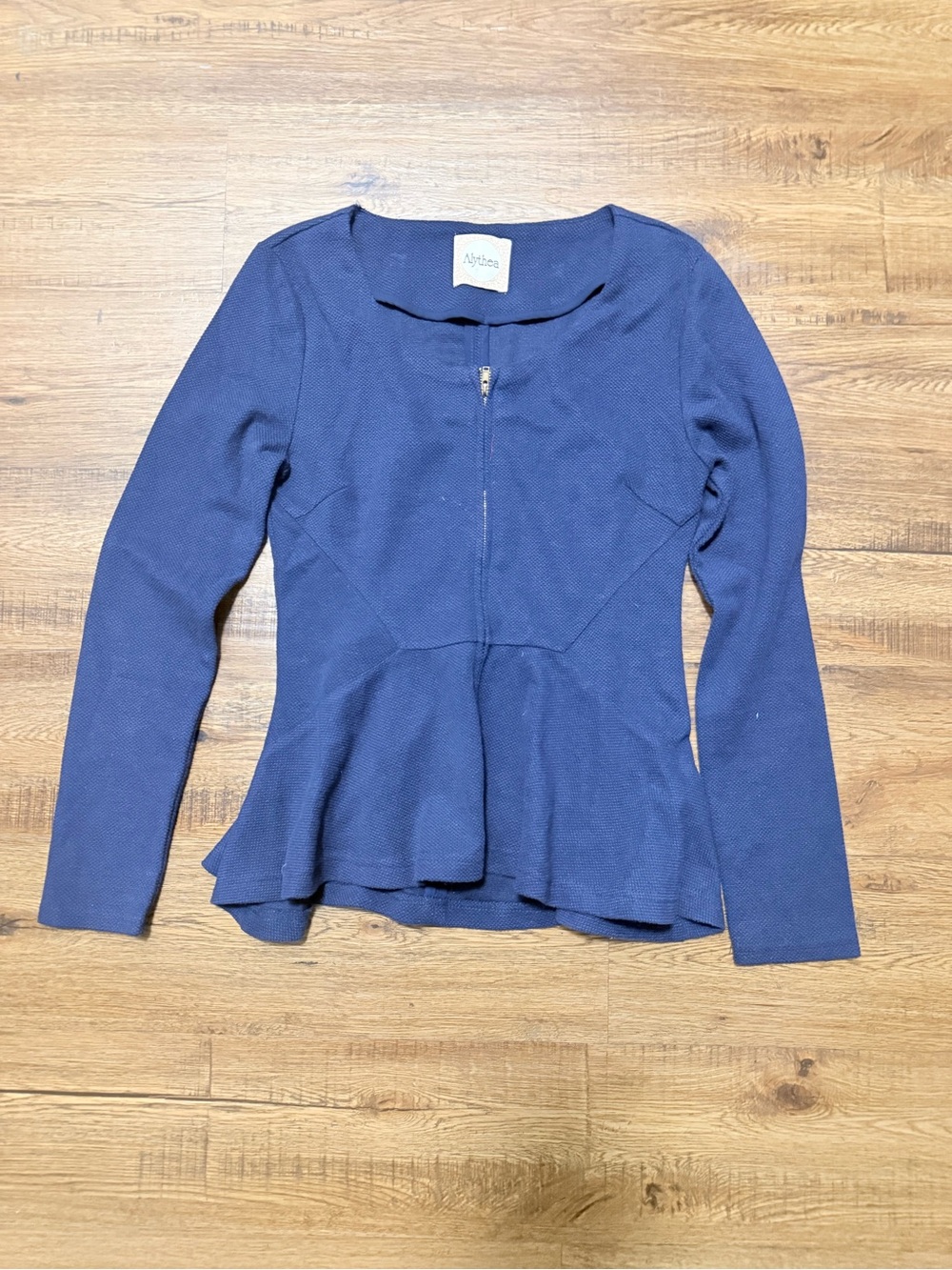 Navy Peplum Zip-Front Long Sleeve Top